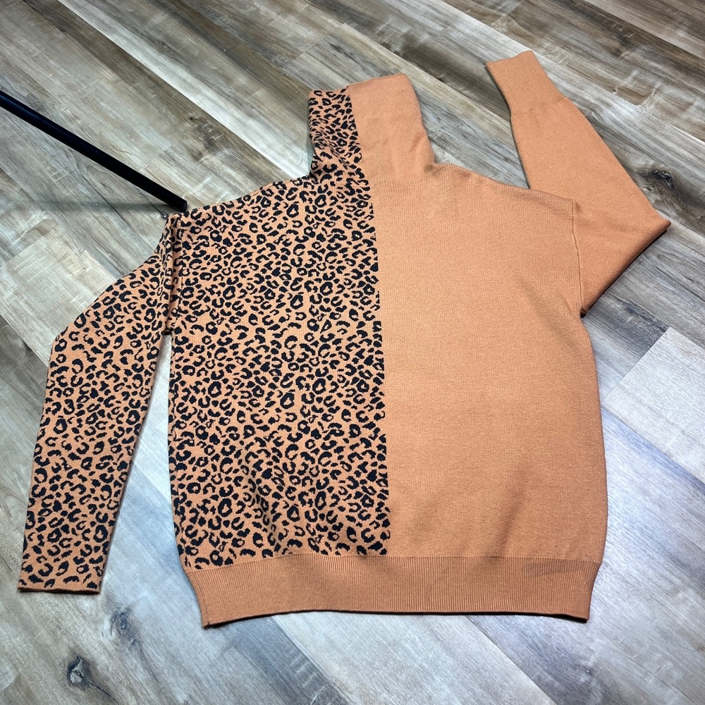 Women's Leopard Print Mock Neck Sweater Tan Brown Soft Knit Pullover Cozy‎ Fall - Picture 8 of 12